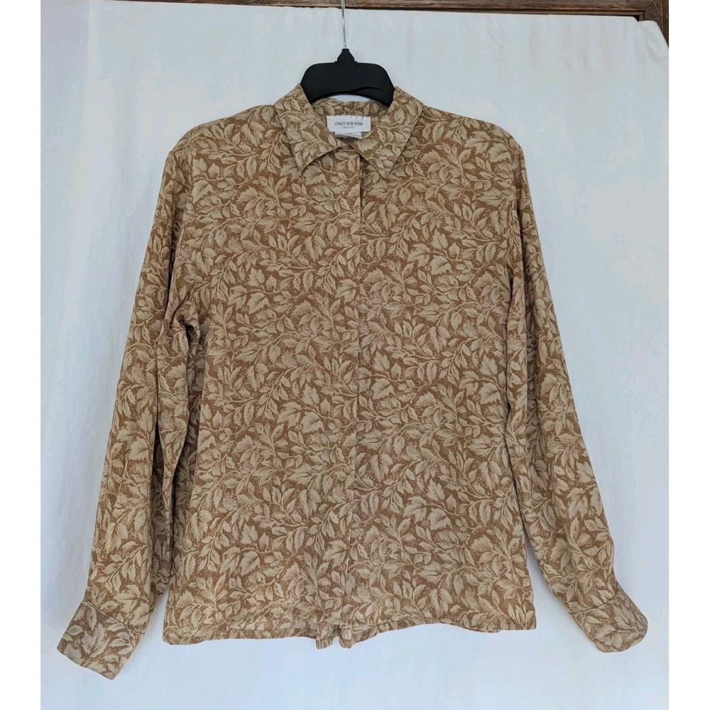 Jones New York Blouse Women's 6 P  Floral Print Silk Button  Beige